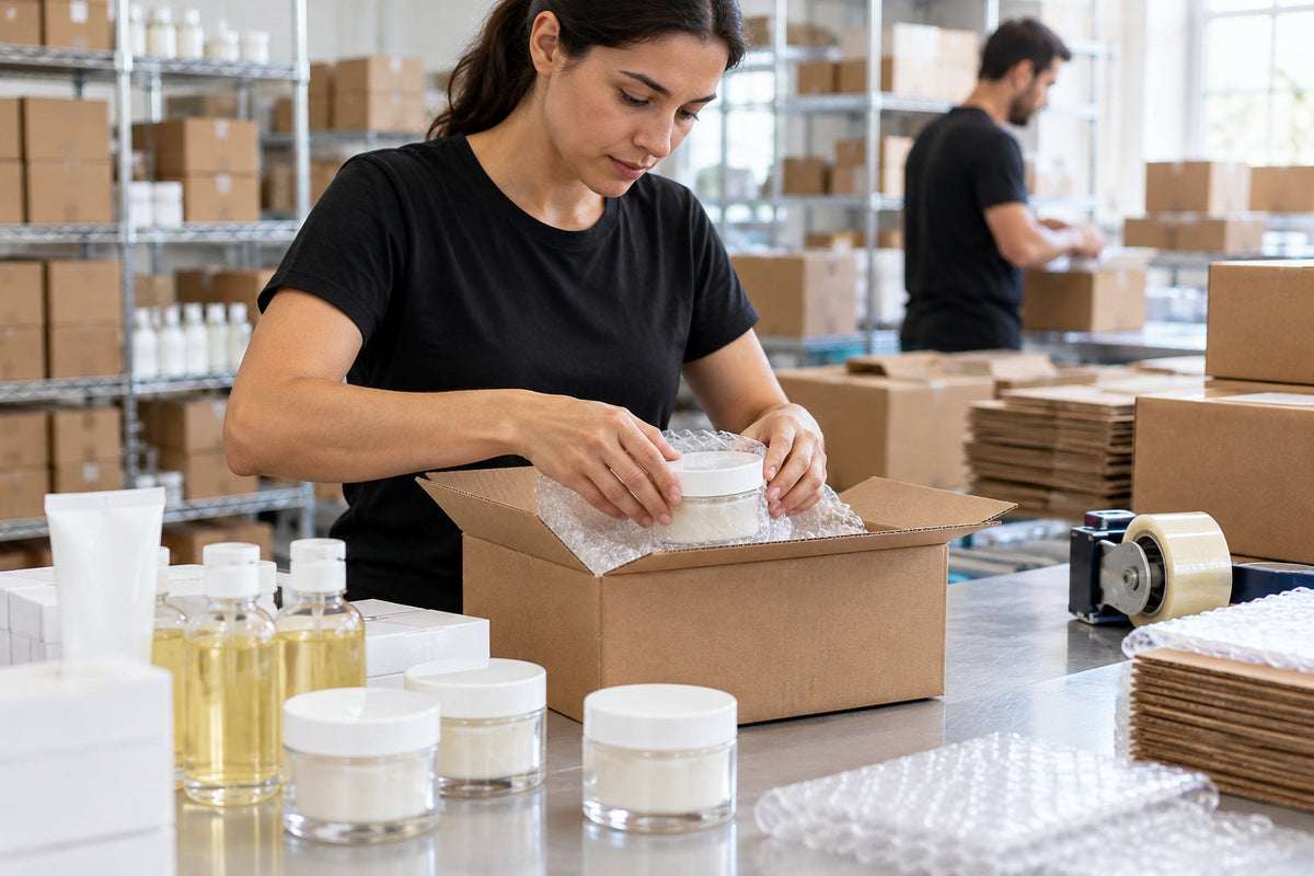 Amazon FBA product preparation - beauty units labeled and packed for Amazon receiving