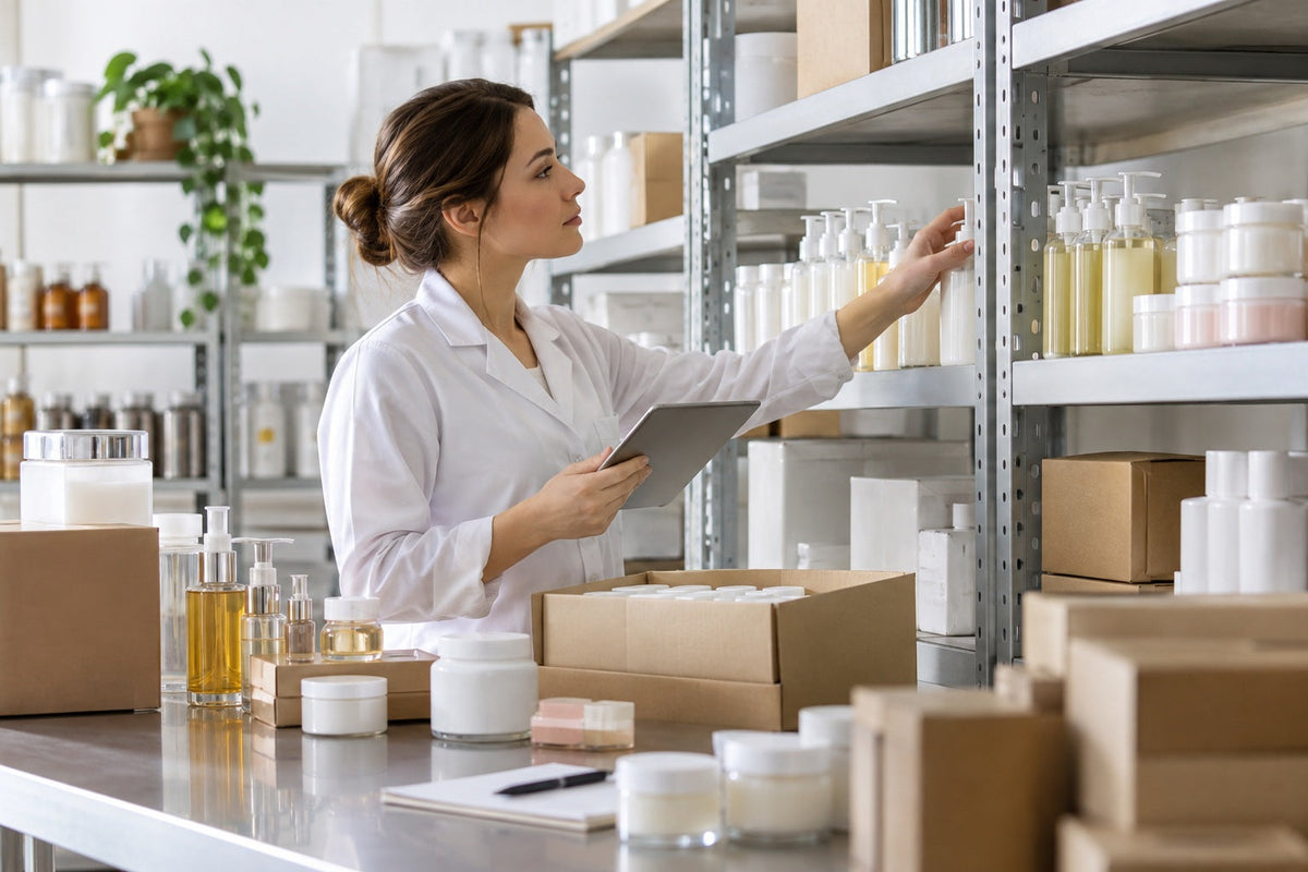 Inventory storage for beauty brands - organized cosmetic inventory by SKU and lot