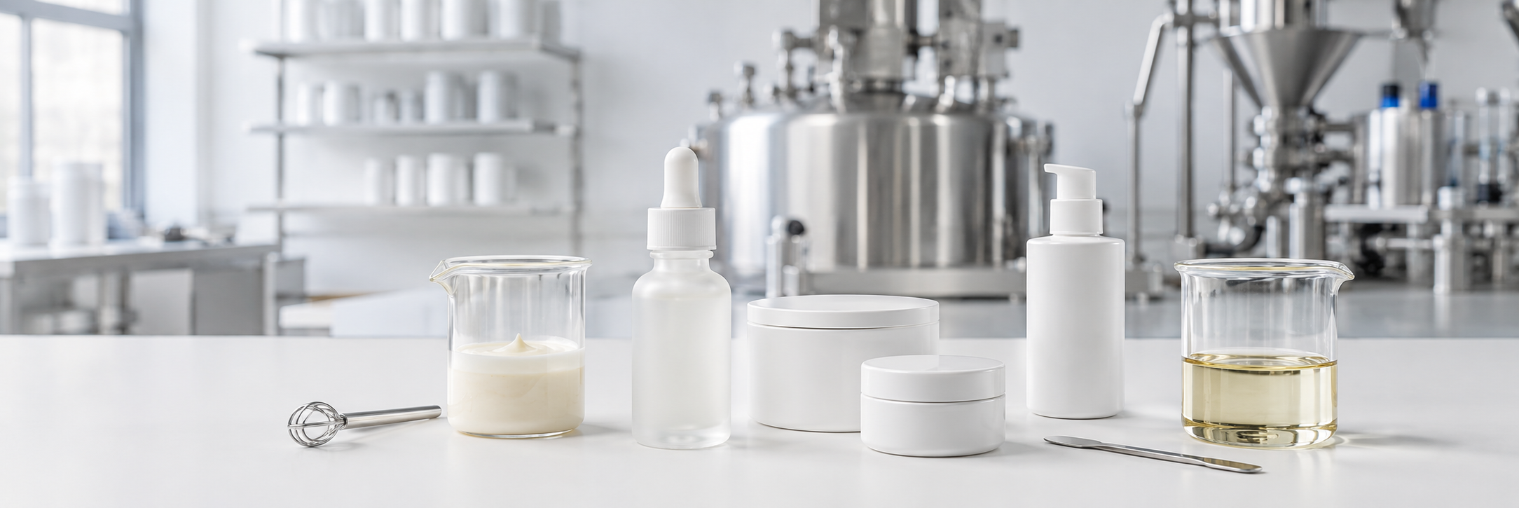 Cosmetic product samples and formulation equipment in a clean development studio