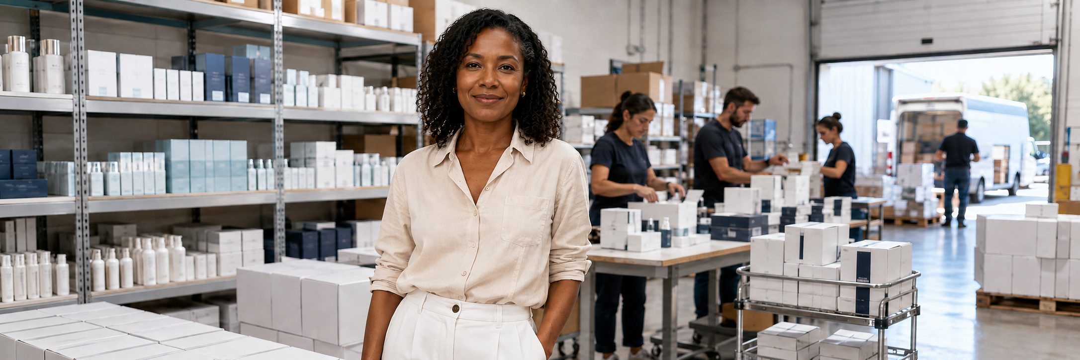 An African American beauty brand founder standing in her stocked fulfillment warehouse while orders are prepared for shipment