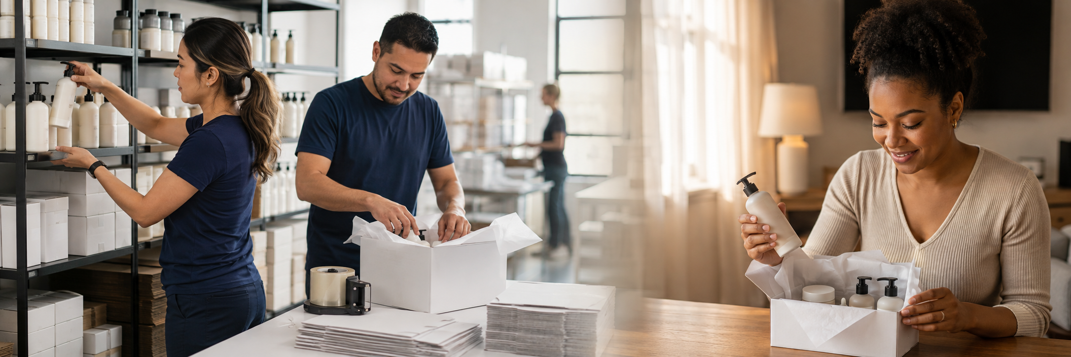 A fulfillment team picking, packing and preparing cosmetic orders for shipment